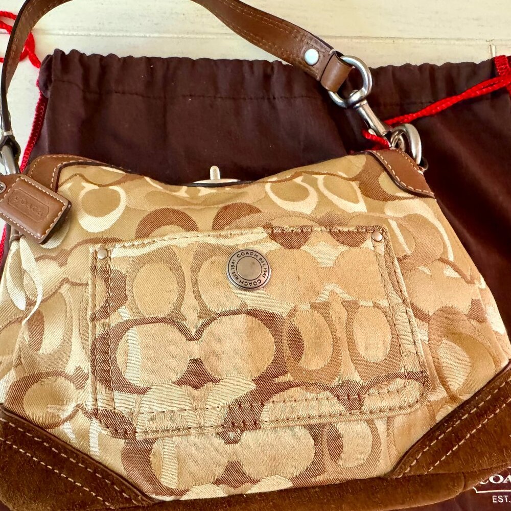 Coach Signature Demi Hobo 10141 | Khaki & Brown | Monogram Canvas + Suede Trim